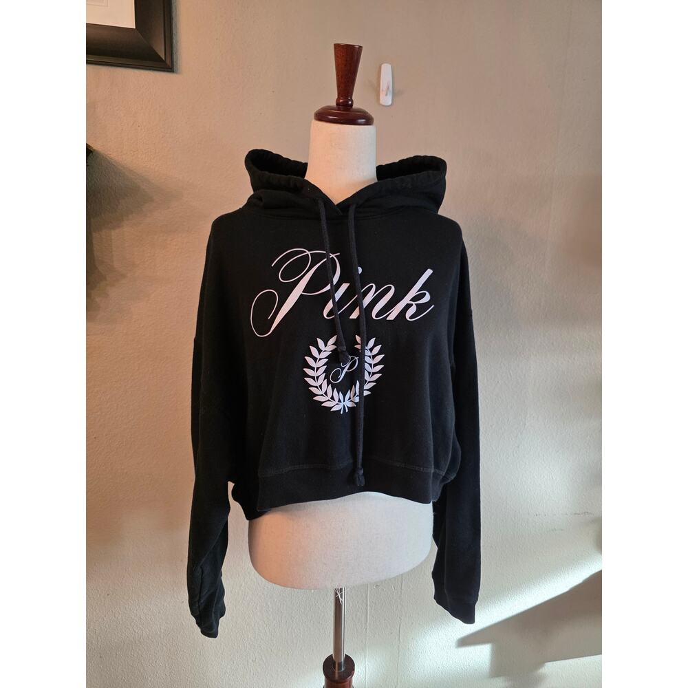 Victoria's Secret Black Cropped Hoodie Graphic Print PINK SZ XXL